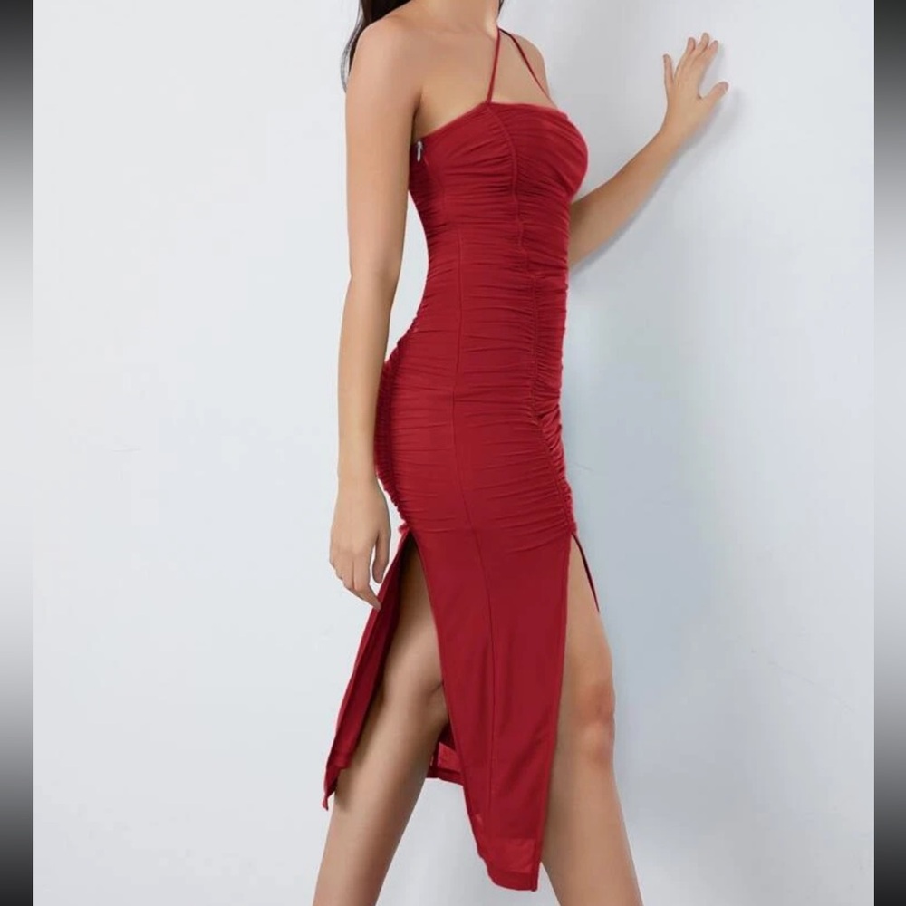 Xs red BAE One Shoulder Split Thigh Ruched Bodycon Dress - Picture 4 of 5